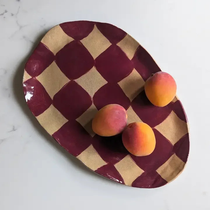 Oval Burgundy Check Serving Platter