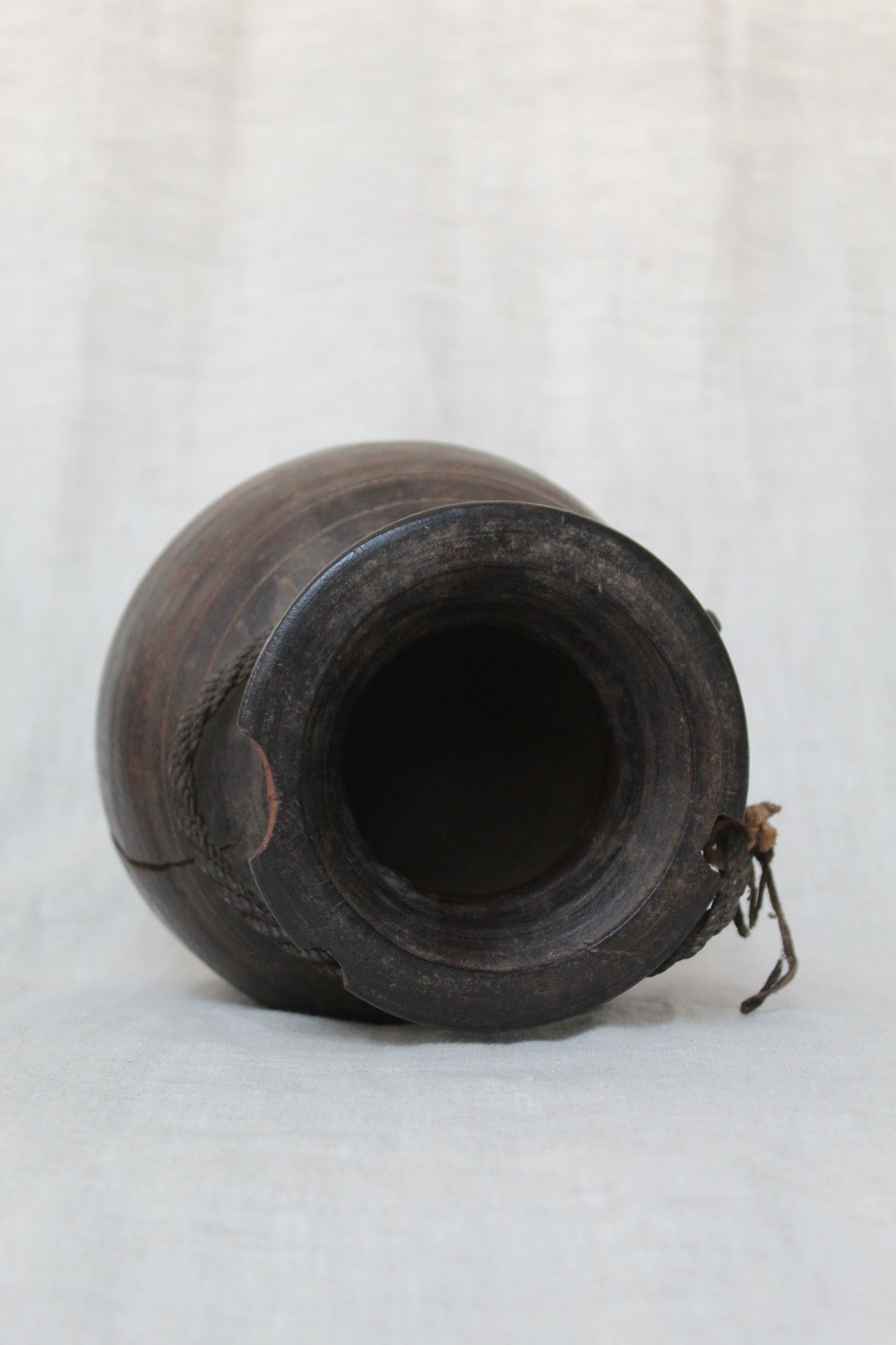 Round Wooden Vase with Rope Handle