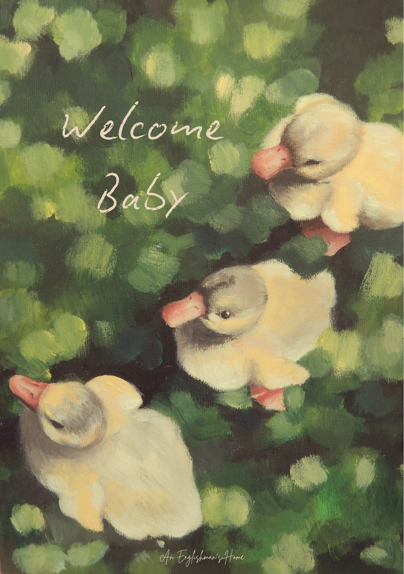 Three baby ducks peeking out from behind green leaves with 'Welcome Baby' text.