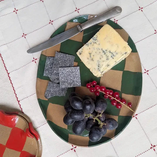 Green Oval Check Serving Platter