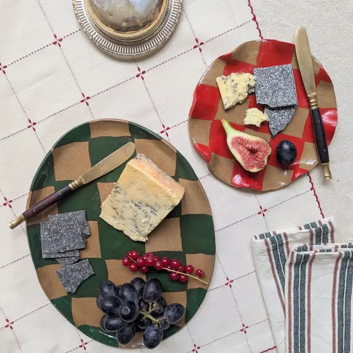 Green Oval Check Serving Platter