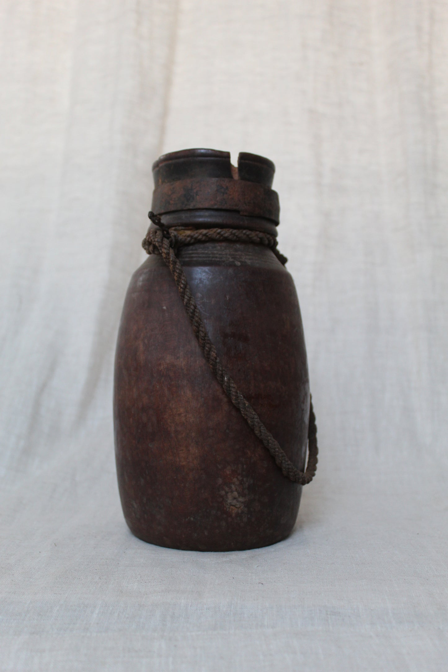Wooden Urn with Rope Handle & Metal Collar