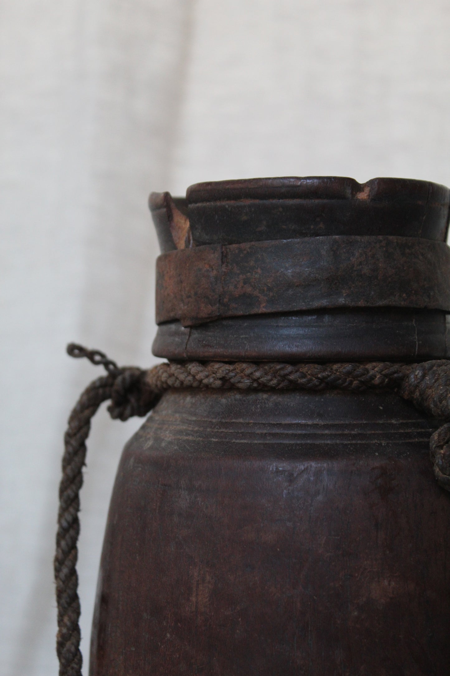 Wooden Urn with Rope Handle & Metal Collar