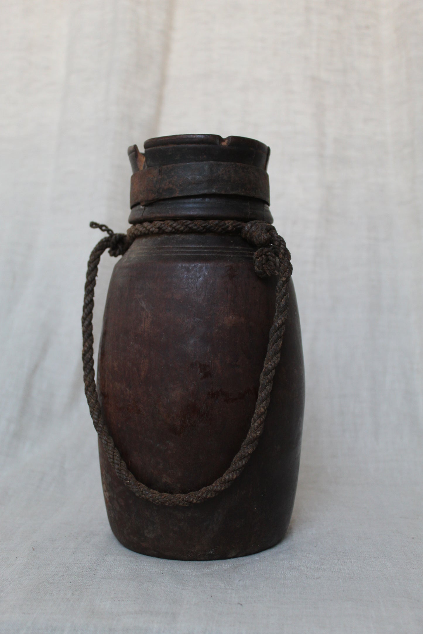 Wooden Urn with Rope Handle & Metal Collar