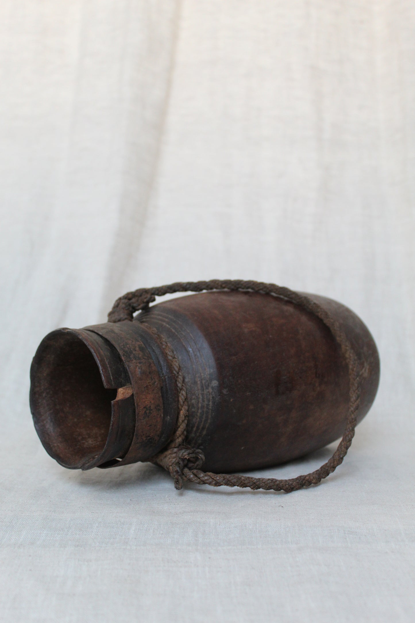Wooden Urn with Rope Handle & Metal Collar