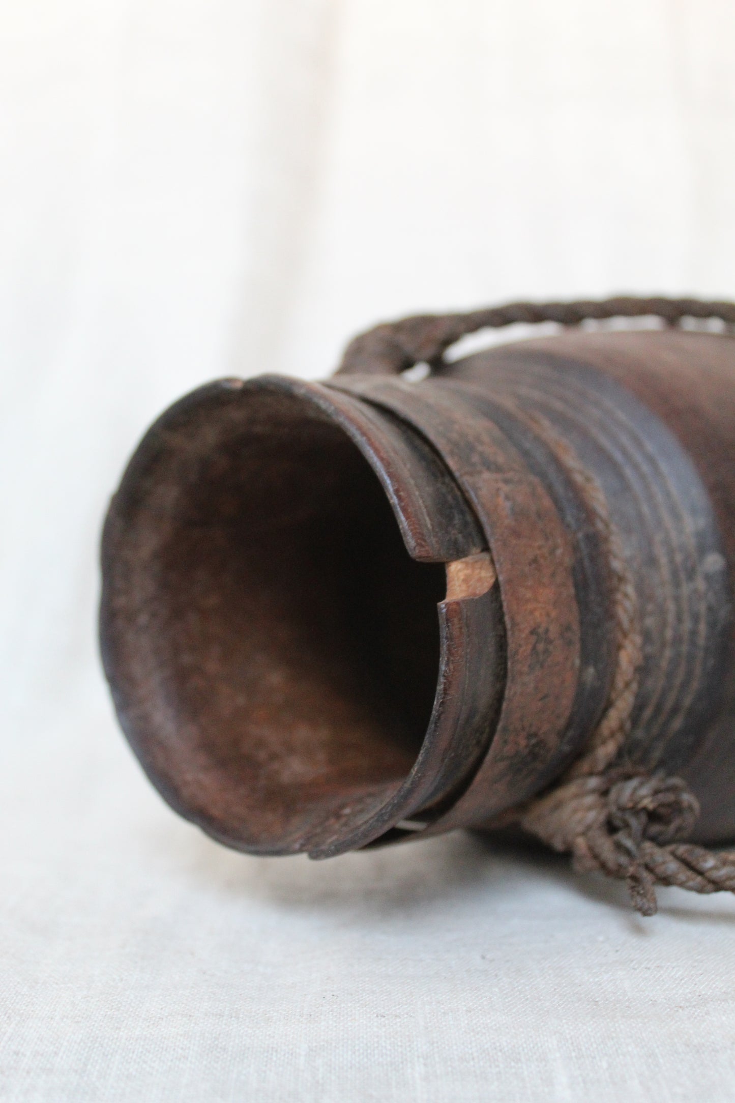 Wooden Urn with Rope Handle & Metal Collar