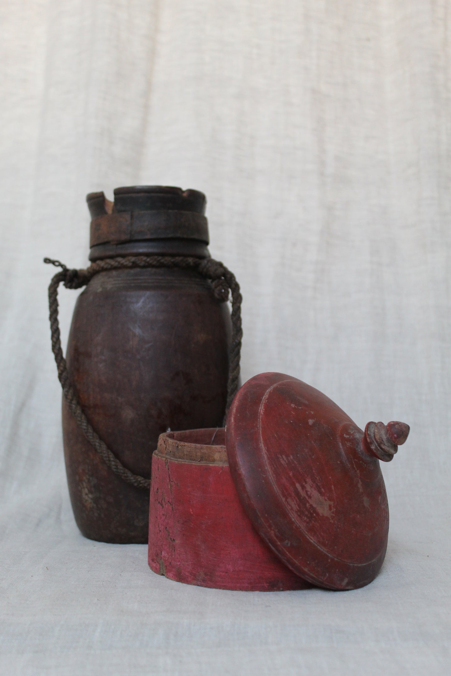 Wooden Urn with Rope Handle & Metal Collar