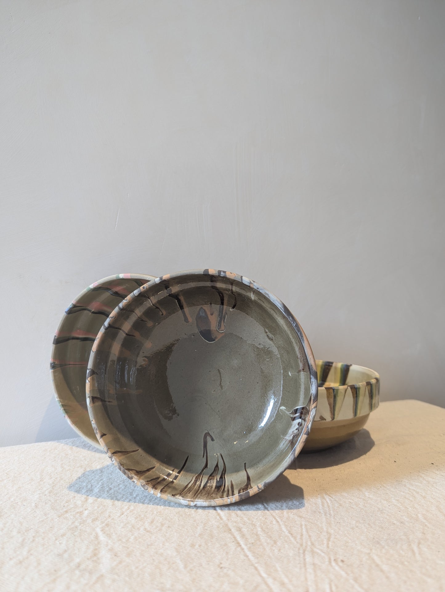 Hand Painted Medium Bowl in Khaki & Orange