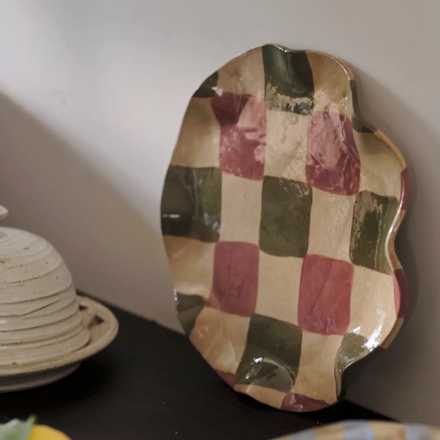 Smokey Olive & Burgundy Wavy Check Platter