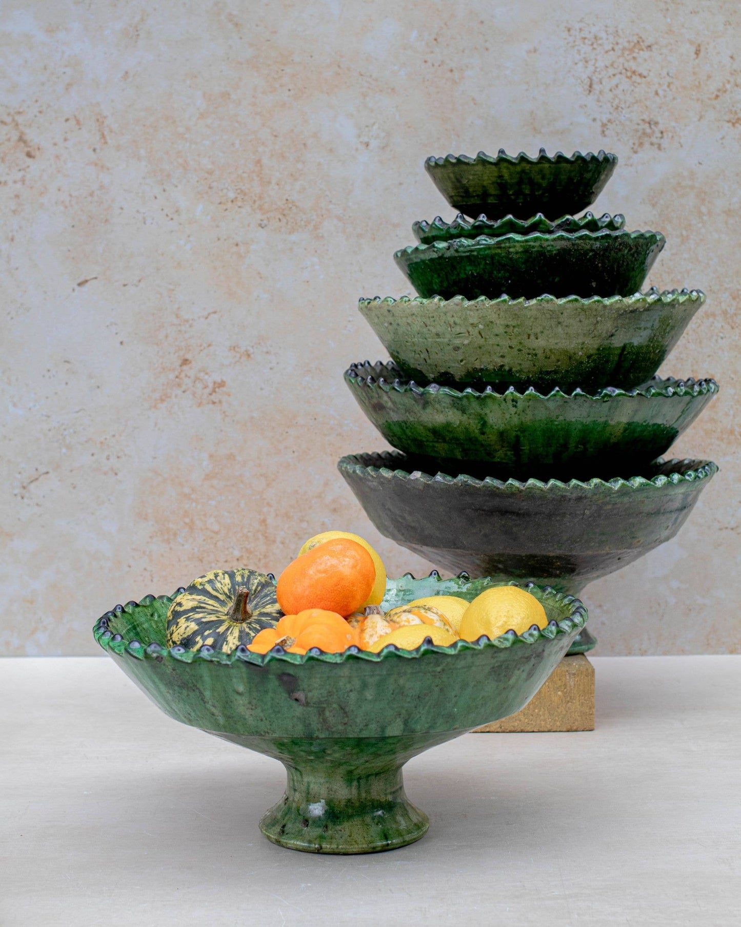 Tamegroute Green Pedestal Fruit Bowl Handmade - 4 Sizes: Large